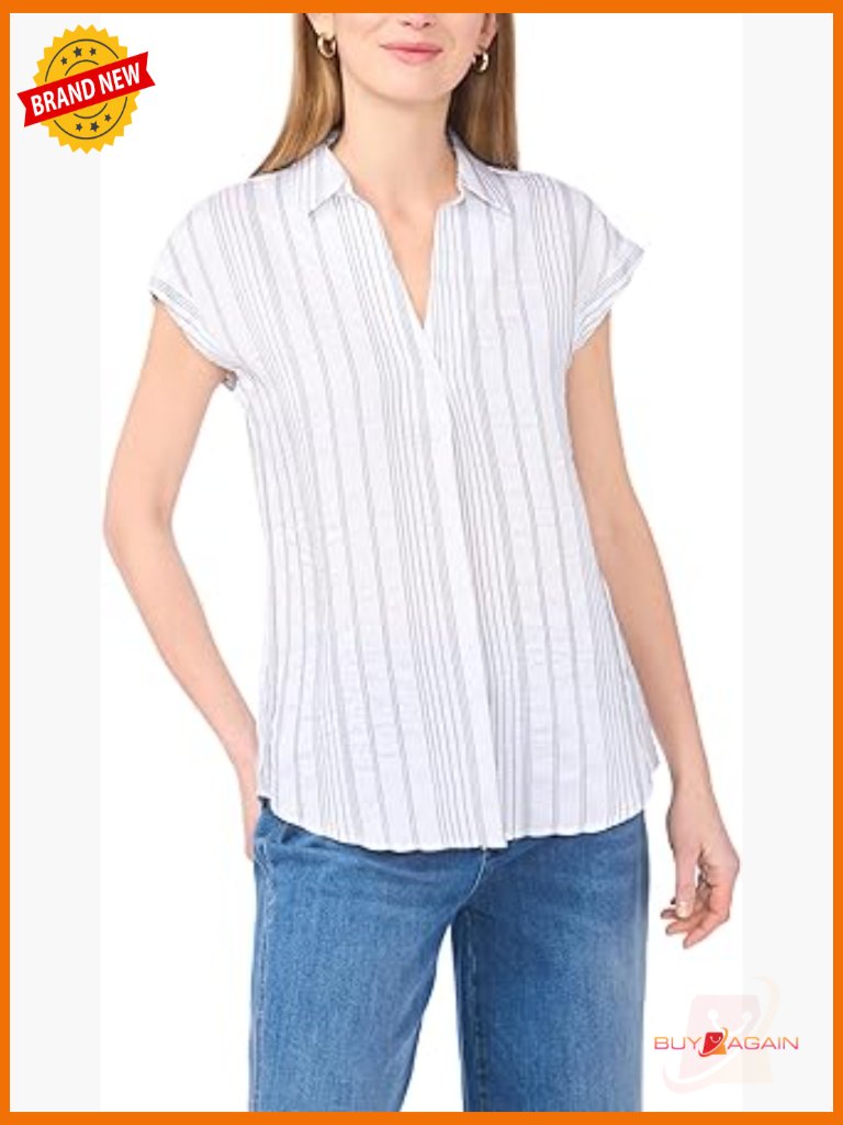 Relaxed Collar Short Sleeve Blouse - Striped Top